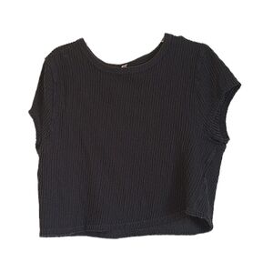 Free People Movement Womens Crop Top Sz L Navy Blue Ribbed Raw Hems Workout Run